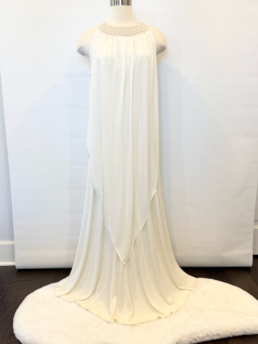 Joseph Magnin Silky Satin Ivory Vintage Goddess Maxi Gown Halter Kaftan Dress - Picture 12 of 15